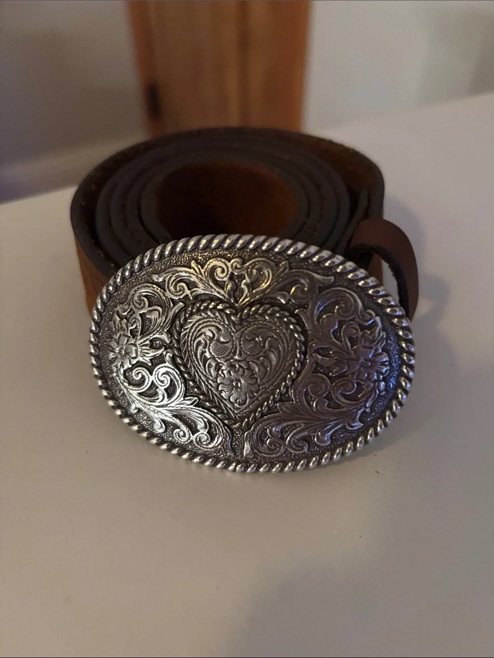Ariat Leather Belt with Ornate Silver Heart Buckle - Brown